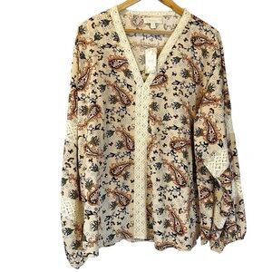 NWT Suzanne Betro Weekend Floral Paisley Contrast Lace Western Tunic Top Boho